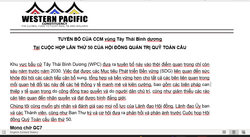 Tuyên bố của CCM khu vực Tây Thái Bình Dương tại Hội nghị 50 của Hội đồng quản trị Quỹ Toàn cầu